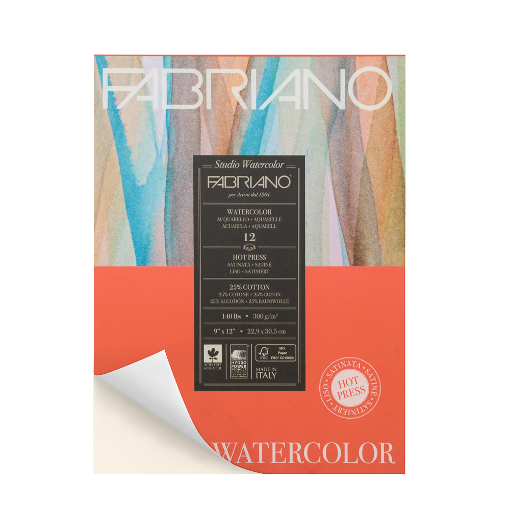 BLOCK ACUARELA FABRIANO 19123002 9X12" 12 HOJAS SATINADO 25% HOT PRESS