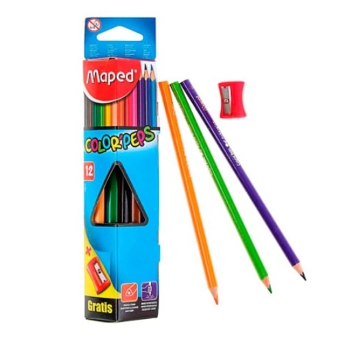 CRAYON DE MADERA MAPED 183213 COLOR PEPS TRIANGULAR LARGO+SACAPUNTA, 12 COLORES