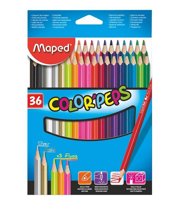 CRAYON DE MADERA MAPED 832017  COLOR PEPS TRIANGULAR LARGO, 36 COLORES-