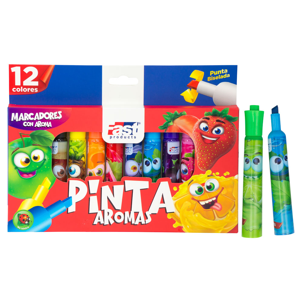 MARCADORES EN ESTUCHE FAST 12 COL. JUMBO PUNTA BISELADA CON AROMA