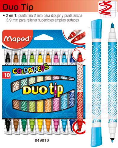 MARCADORES EN ESTUCHE MAPED 849010 DUO TIP 2 EN 1 P. FINO 2MM Y ANCHO 3.9MM, 10 COLORES