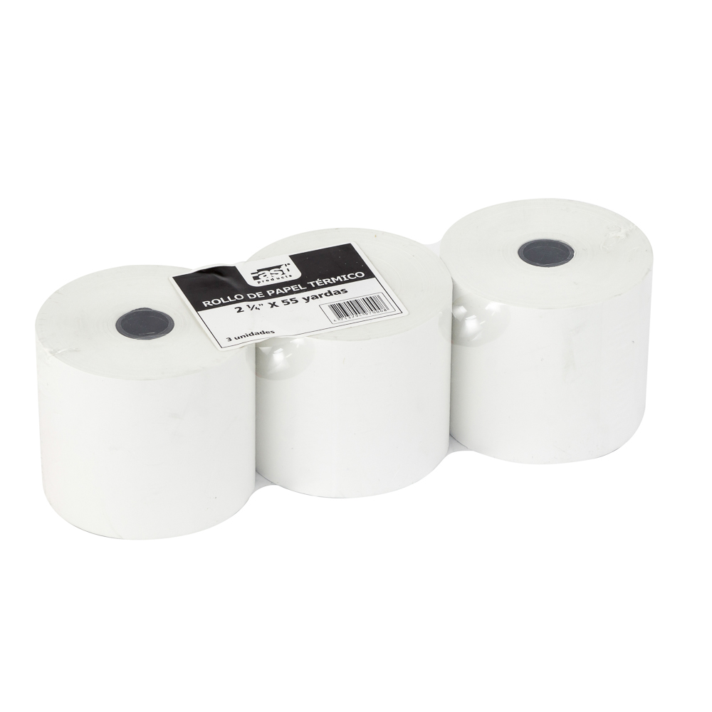 ROLLO DE PAPEL TERMICO 2 1/4" X 55 YARDAS PAQ 3 UNIDADES