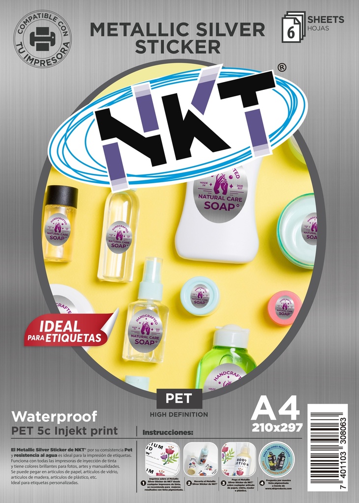 PAPEL ADHESIVO A4 PLATEADO GLOSSY WATERPROOF NKT