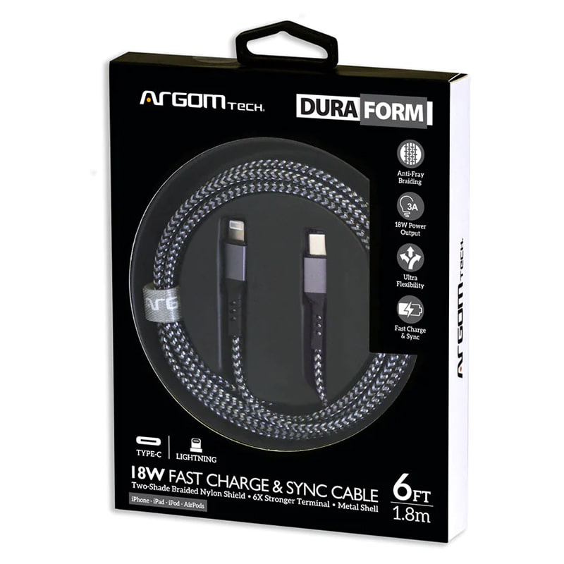 CABLE USB-C A LIGHTNING ARGOM 1.8 METROS TRENZADO NEGRO