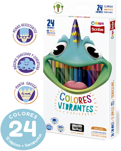 CRAYON DE MADERA SCRIBE TRIANGULAR DOBLE PUNTA 12=24 MINA 4MM. C/SACAPUNTAS 12 COLORES