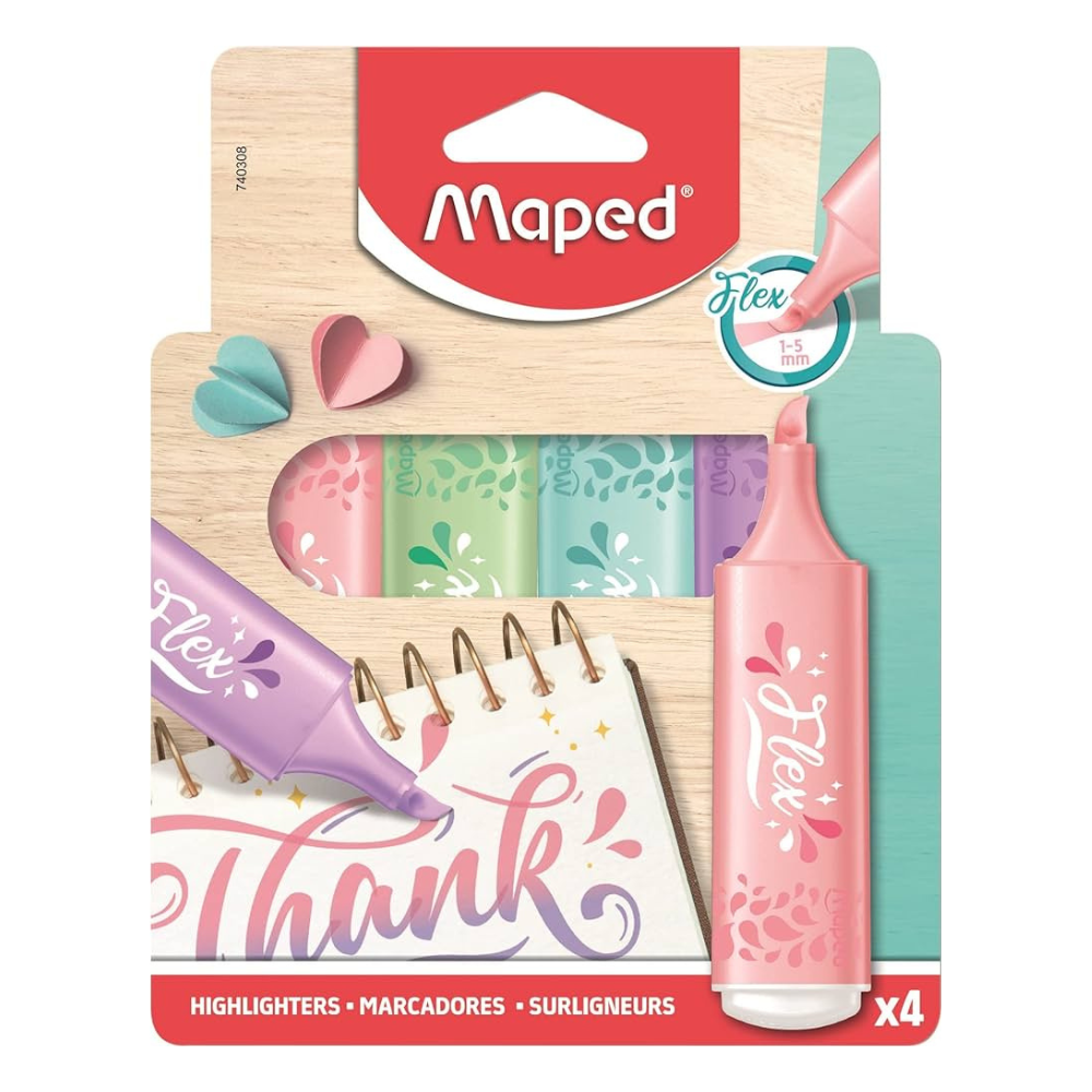 MARCADOR PARA DESTACAR MAPED 740308 FLEX PASTEL ESTUCHE X4, 4 COLORES SURTIDOS